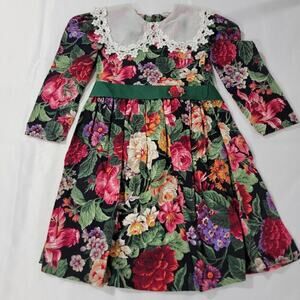 Vtg Sarah Kent Dress Girls 6 Lace Floral Long Sleeve Belt Holiday Cotton USA
